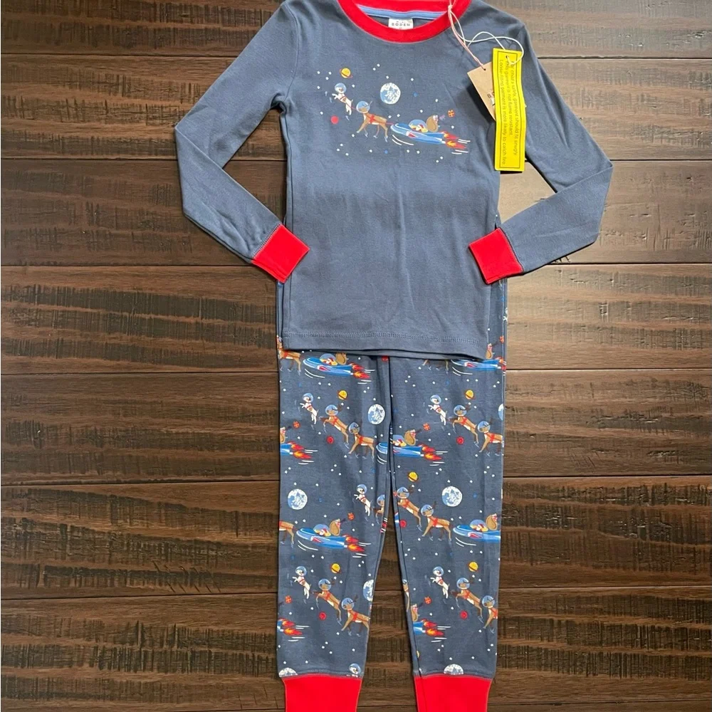 Mini Boden Blue Space Santa Long John Pajama Set NWT